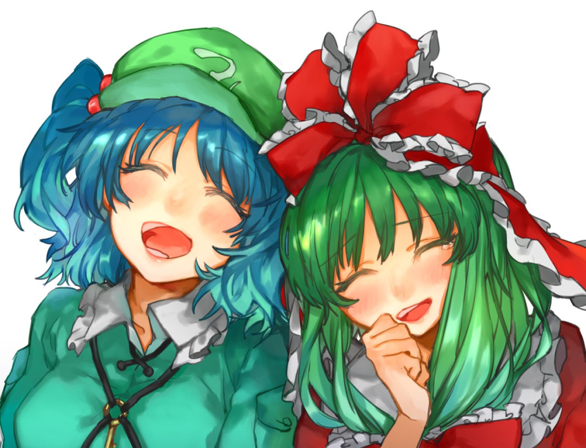2girls :d ^_^ aqua_jacket bangs blue_hair blush breasts cabbie_hat clenched_hand closed_eyes closed_eyes collarbone commentary_request dress eyebrows_visible_through_hair facing_viewer frilled_ribbon frilled_shirt_collar frills green_eyes green_hat hair_bobbles hair_ornament hair_ribbon hand_up hat head_tilt jacket kagiyama_hina kawashiro_nitori key long_hair medium_breasts multiple_girls open_mouth pocket red_dress red_ribbon ribbon shidaccc short_hair simple_background smile tears touhou two_side_up upper_body white_background wing_collar