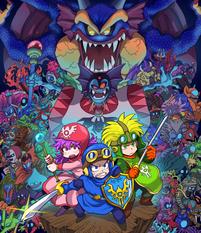 1girl 2boys blonde_hair blue_gloves breasts commentary_request dragon_quest dragon_quest_ii drakee everyone gloves goggles graphite_(medium) hargon highres hoimi_slime hood kafun long_hair medium_breasts medium_hair monster multiple_boys open_mouth prince_of_lorasia prince_of_samantoria princess_of_moonbrook short_hair sidoh slime_(dragon_quest) spiky_hair sword traditional_media weapon