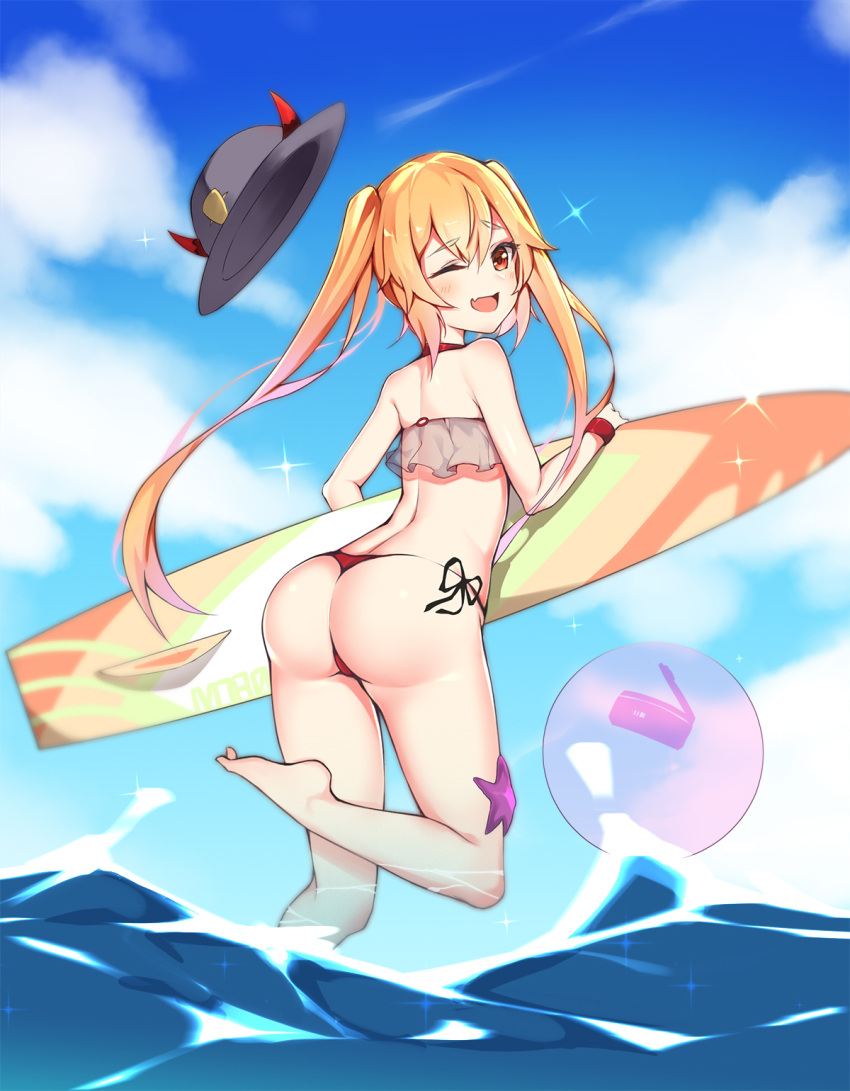 1girl ;d ass ball bare_shoulders beachball bikini blonde_hair blue_sky blush choker clouds commentary_request day fang girls_frontline grey_hat hat hat_removed headwear_removed highres holding horned_headwear horns long_hair looking_at_viewer looking_back m870_(girls_frontline) meng_ge_3_(565571710) ocean one_eye_closed open_mouth outdoors red_bikini red_choker see-through side-tie_bikini sky smile solo sparkle standing standing_on_one_leg starfish surfboard swimsuit thong_bikini transparent twintails very_long_hair water wristband