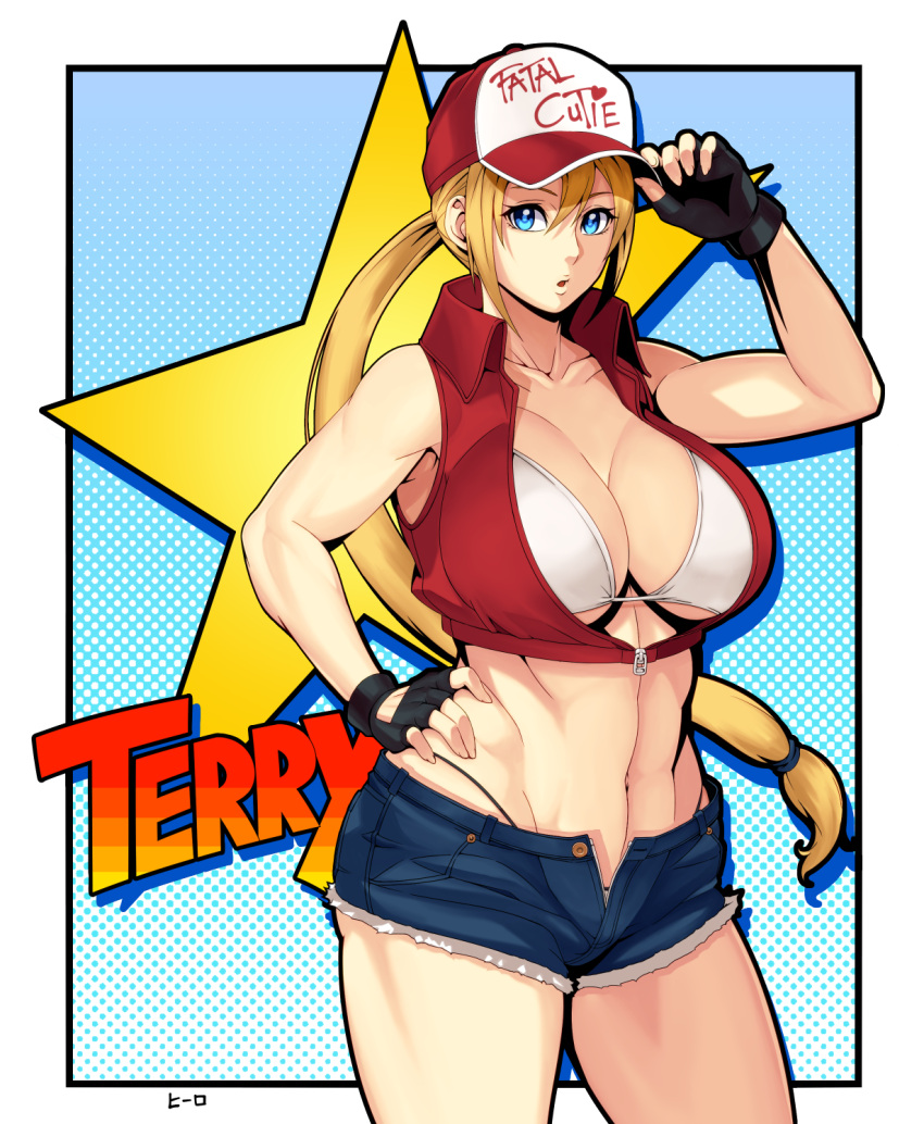 1girl blonde_hair blue_eyes breasts character_name cleavage fatal_fury fingerless_gloves genderswap gloves hero_(do-belman) highres large_breasts midriff navel ponytail shorts snk snk_heroines:_tag_team_frenzy solo terry_bogard the_king_of_fighters unzipped white_bikini_top