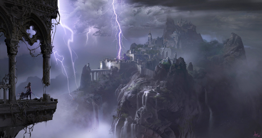 1other ambiguous_gender castle clouds cloudy_sky commentary english_commentary grey_sky highres holding holding_sword holding_weapon lightning ling_xiang mountain original overcast ruins signature sky solo standing storm sword waist_cape weapon