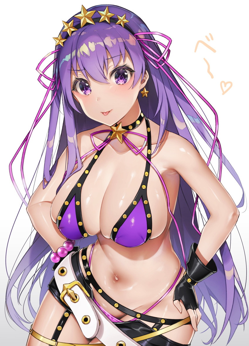 1girl absurdres bangs bare_shoulders bb_(fate)_(all) bb_(swimsuit_mooncancer)_(fate) bead_bracelet beads bikini black_gloves black_shorts blush bracelet breasts cleavage collarbone earrings fate/extra fate/extra_ccc fate/grand_order fate_(series) fingerless_gloves gloves hair_between_eyes hair_ribbon hands_on_hips highres hips jewelry large_breasts long_hair looking_at_viewer navel purple_bikini purple_hair purple_ribbon ribbon shiny shiny_skin short_shorts shorts smile solo star star_earrings swimsuit tan thigh-highs tiara tongue tongue_out violet_eyes waist white_belt yayoichi_(yoruyoru108)
