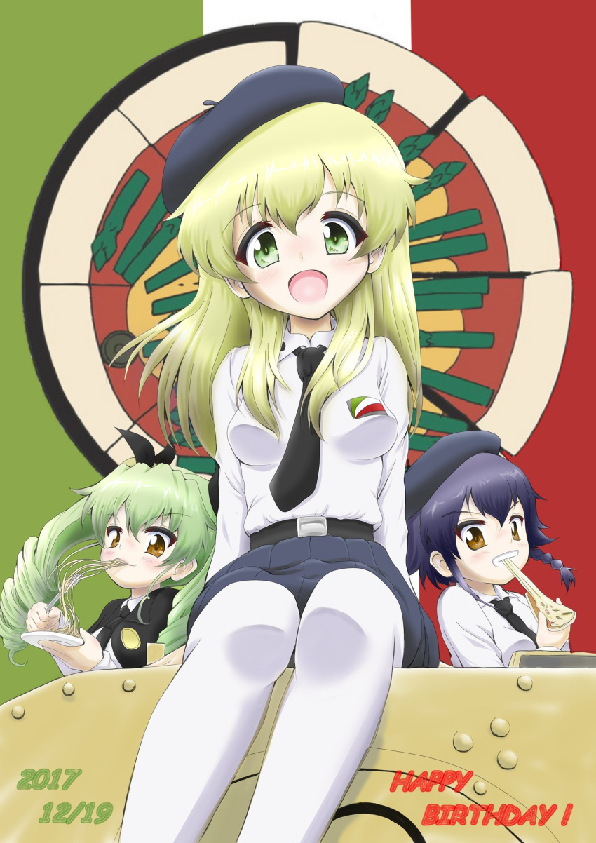 3girls :d anchovy anzio_(emblem) anzio_school_uniform arm_support asparagus bangs belt beret black_belt black_cape black_hat black_neckwear black_ribbon black_skirt blonde_hair braid cape carpaccio character_name commentary dated daxz240r dress_shirt drill_hair eating emblem english eyebrows_visible_through_hair flag_background food fork girls_und_panzer green_eyes green_hair grin ground_vehicle hair_ribbon happy_birthday hat highres holding italian_flag long_hair long_sleeves looking_at_viewer military military_vehicle miniskirt motor_vehicle multiple_girls necktie open_mouth pantyhose pasta pepperoni_(girls_und_panzer) pizza plate pleated_skirt red_eyes ribbon school_uniform semovente_75/18 shirt short_hair side_braid sitting skirt smile standing tank twin_drills twintails white_legwear white_shirt