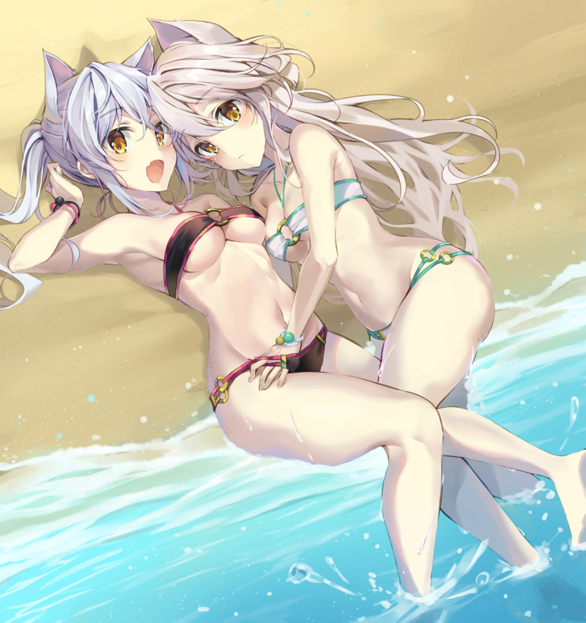 2girls :d armpits ass bare_arms bare_legs bare_shoulders beach bikini black_bikini breasts character_request cleavage collarbone commentary day elsword eve_(elsword) expressionless eyebrows_visible_through_hair facial_mark from_above groin halter_top halterneck hand_under_clothes hand_under_swimsuit highres long_hair looking_at_viewer lying medium_breasts midriff multiple_girls navel o-ring o-ring_bikini o-ring_bottom o-ring_top ocean on_back on_side open_mouth outdoors pinb ponytail silver_hair slit_pupils smile stomach swimsuit symbol_commentary thighs under_boob water white_bikini yellow_eyes