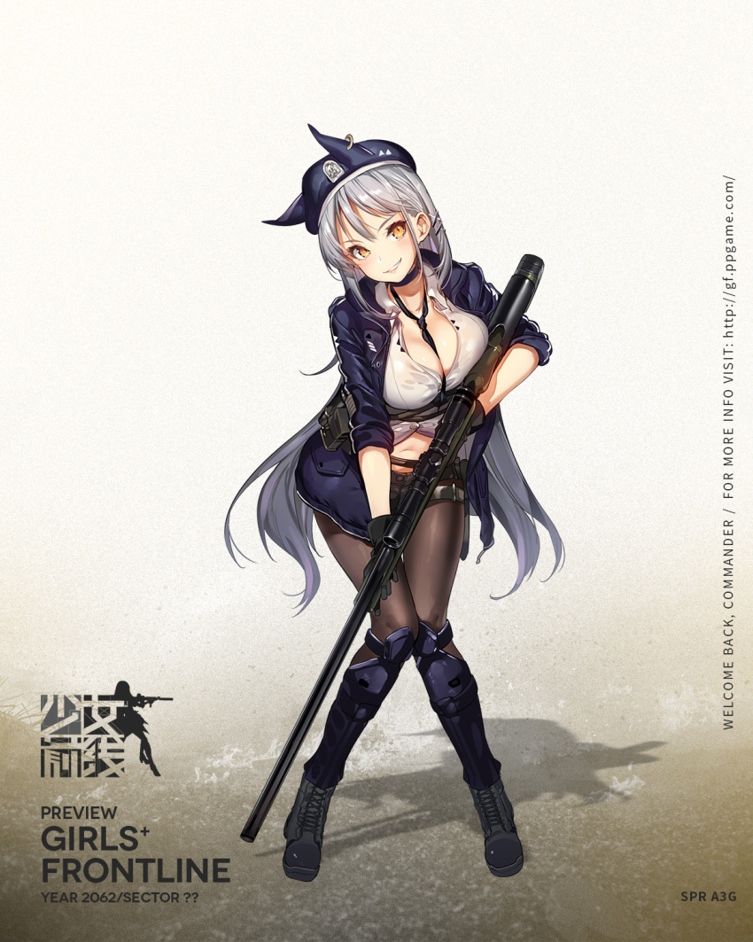 armor bangs between_breasts black_footwear black_gloves black_legwear black_neckwear black_shorts blue_hat blue_jacket blush boots breasts brown_eyes character_name cleavage collared_shirt copyright_name cross-laced_footwear fn_spr_a3g full_body girls_frontline gloves gun hair_ornament hairclip hat head_tilt highres holding holding_gun holding_weapon jacket knees_together_feet_apart lace-up_boots large_breasts leaning_forward logo long_hair navel necktie necktie_between_breasts official_art open_clothes open_jacket pantyhose parted_lips pouch rifle shin_guards shirt short_shorts shorts sidelocks silver_hair sleeves_rolled_up smirk sniper_rifle spr-a3g_(girls_frontline) stomach strap thigh_strap tied_shirt trigger_discipline very_long_hair weapon white_shirt x_hair_ornament yuran