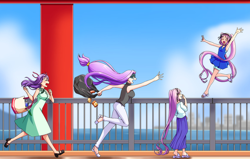 4girls alternate_costume arm_up bag balancing bangs black_footwear black_shirt blue_sky blush closed_eyes clouds commentary covering_mouth dress english_commentary euryale facing_another fate/hollow_ataraxia fate/stay_night fate_(series) from_side glasses green_dress hair_ornament hair_scrunchie hairband hand_over_own_mouth highres jhe030167 laughing long_hair long_skirt low-tied_long_hair matou_sakura medusa_(fate)_(all) multiple_girls open_mouth outstretched_arms purple_footwear rider running scrunchie shaded_face shirt siblings sisters skirt sky sleeveless sleeveless_shirt spring_onion stheno twins twintails very_long_hair water yellow_scrunchie
