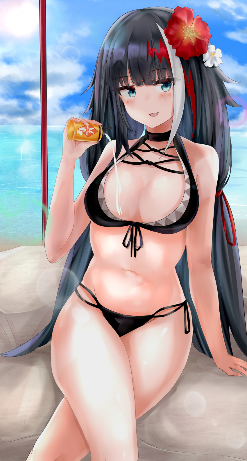 1girl :d absurdres azur_lane bangs bare_arms bare_shoulders bikini black_bikini black_hair blue_eyes blue_sky blunt_bangs blush breasts cleavage clouds commentary_request day deutschland_(azur_lane) eyebrows_visible_through_hair fang fingernails flower front-tie_top groin hair_flower hair_ornament hand_up head_tilt highres holding horizon long_hair looking_at_viewer medium_breasts multicolored_hair navel ocean open_mouth outdoors red_flower redhead rock ru_zhai sitting sky smile solo streaked_hair swimsuit very_long_hair water white_flower white_hair