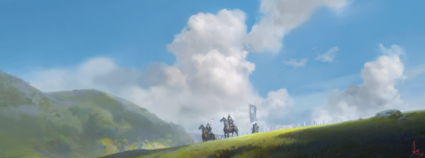 armor army banner blue_sky clouds cloudy_sky commentary english_commentary full_armor helmet highres hill horse horseback_riding japanese_armor kabuto ling_xiang original outdoors riding signature sitting sky soldier