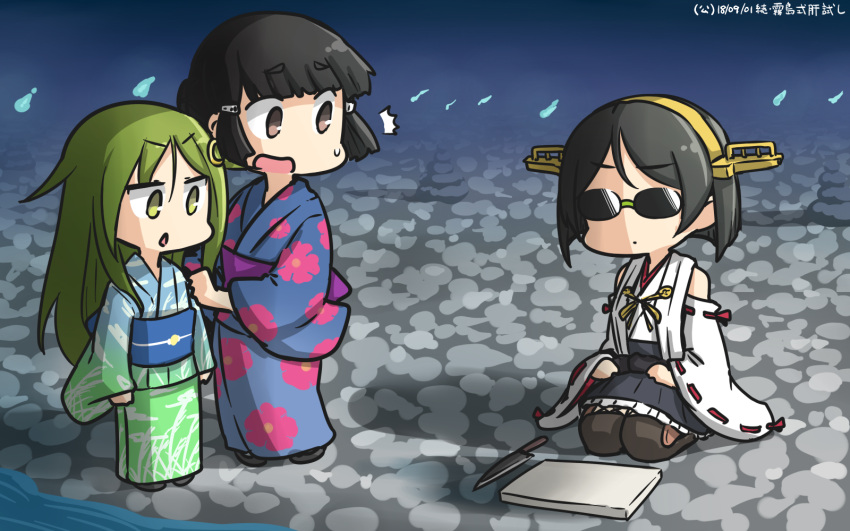 3girls alternate_costume bare_shoulders black_hair black_skirt blue_kimono brown_eyes commentary_request crescent crescent_hair_ornament dated detached_sleeves eyebrows_visible_through_hair floral_print green_eyes green_hair hair_ornament hairband hamu_koutarou headgear highres hitodama japanese_clothes kantai_collection kimono kirishima_(kantai_collection) knife long_hair long_sleeves multiple_girls myoukou_(kantai_collection) nagatsuki_(kantai_collection) obi open_mouth pleated_skirt print_kimono remodel_(kantai_collection) ribbon-trimmed_sleeves ribbon_trim sash short_hair skirt sunglasses v-shaped_eyebrows wide_sleeves yukata