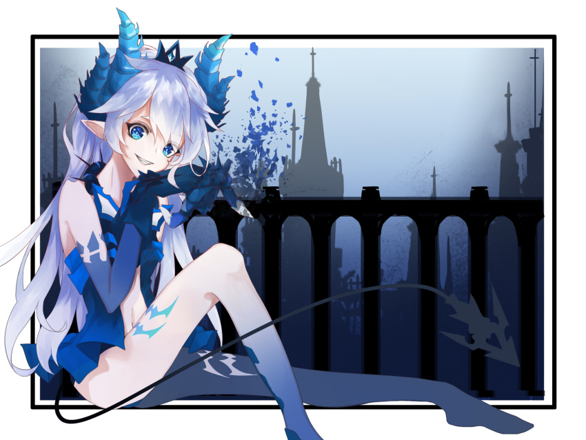 bridge claws crown demon_girl demon_horns demon_tail diabla_(elsword) elsword eyebrows_visible_through_hair highres horns ladiance long_hair luciela_r._sourcream navel sitting smile tail tattoo teeth white_hair