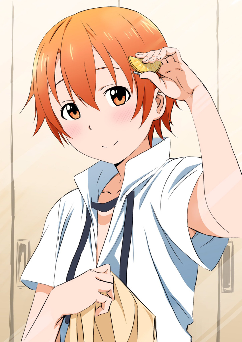 1girl black_neckwear blush closed_mouth food fruit hair_between_eyes hair_ornament hairclip hand_up highres holding_clothes inami_mahiru lemon lemon_slice looking_at_viewer orange_eyes orange_hair pink_x shirt short_sleeves smile solo upper_body white_shirt working!!