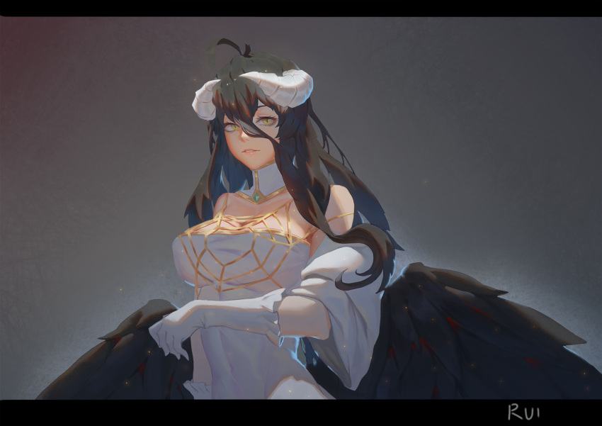 1girl albedo bare_shoulders black_hair black_wings breasts cleavage covered_navel demon_girl detached_sleeves gloves gradient gradient_background highres horns large_breasts lips looking_at_viewer overlord_(maruyama) pale_skin ray_(nagaseray) slit_pupils solo wings yellow_eyes