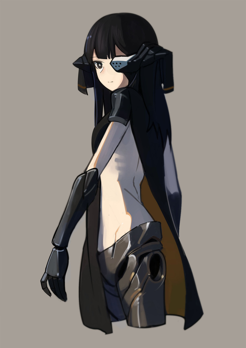 1girl anjisbai black_hair closed_mouth expressionless eyepatch girls_frontline headgear highres nyto_obelisk_(girls_frontline) prosthesis prosthetic_arm prosthetic_leg ribs twisted_torso white_pupils