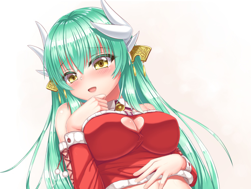 1girl alternate_costume bell bell_collar blush bow breasts cleavage_cutout collar dragon_horns eyebrows_visible_through_hair fate/grand_order fate_(series) green_hair hair_between_eyes hair_ornament highres horns kiyohime_(fate/grand_order) large_breasts long_hair looking_at_viewer simple_background smile solo tooru_(pixiv12953962) very_long_hair white_background yellow_eyes