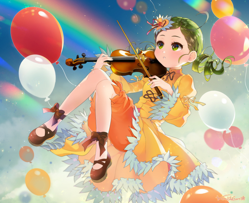 1girl absurdres balloon black_bow black_footwear black_ribbon bow bow_(instrument) dodmsdk dress drill_hair green_eyes green_hair hair_ornament heart heart_hair_ornament highres holding holding_instrument instrument juliet_sleeves kanaria knees_together_feet_apart long_sleeves music parted_lips playing_instrument puffy_sleeves rainbow ribbon rozen_maiden shoes short_hair solo sparkle turtleneck twin_drills violin wide_sleeves yellow_dress