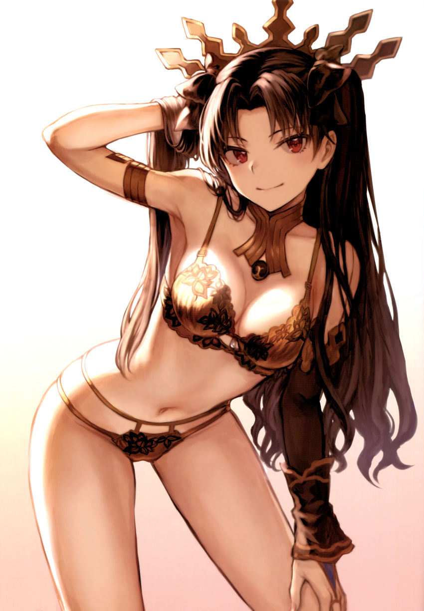 1girl absurdres arm_up armlet armpits bangs bare_shoulders black_bow black_hair black_ribbon blush bow bra breasts bridal_gauntlets cleavage collarbone detached_collar detached_sleeves earrings eyebrows_visible_through_hair fate/grand_order fate_(series) gradient gradient_background hair_bow hair_ribbon hand_in_hair highres hips hoop_earrings ishtar_(fate/grand_order) jewelry leaning_forward long_hair looking_at_viewer mashu_003 medium_breasts navel neck_ring panties parted_bangs red_eyes ribbon scan single_sleeve smile solo thighs tiara tohsaka_rin two_side_up underwear underwear_only waist yellow_bra yellow_panties