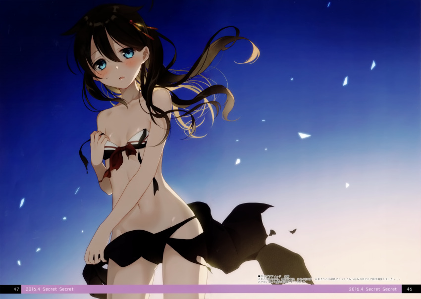 1girl 2016 absurdres bikini black_bikini black_hair blue_eyes blue_sky blush breasts cleavage collarbone floating_hair groin hair_between_eyes hair_ornament highres kantai_collection long_hair looking_at_viewer naoto_(tulip) navel open_mouth outdoors page_number shigure_(kantai_collection) shiny shiny_skin sky small_breasts solo swimsuit untied untied_bikini
