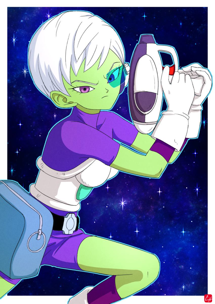 1girl artist_name bag boots cheelai chris_re5 dragon_ball dragon_ball_super dragon_ball_super_broly gloves green_skin gun headphones highres night night_sky short_hair sky solo star_(sky) violet_eyes visor weapon white_hair