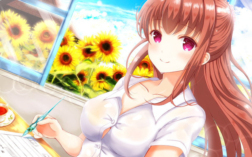 1girl amatsu_kanata bangs blue_sky breasts brown_hair clouds cloudy_sky collarbone collared_shirt commentary_request covered_nipples cup day dutch_angle eyebrows eyebrows_visible_through_hair flower girlfriend_(kari) half_updo highres holding holding_pen indoors lens_flare long_hair looking_at_viewer masa_(mirage77) no_bra pen red_eyes see-through shirt short_sleeves sidelocks sitting sky smile solo sunflower sunlight sweat tea teacup tight uniform upper_body wallpaper wet wet_clothes white_shirt window