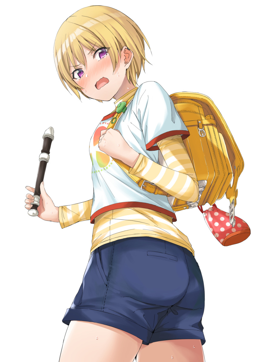 1girl @_@ amekasaikuta backpack bag bangs blonde_hair blue_shorts blush buckle cowboy_shot crime_prevention_buzzer embarrassed eyebrows_visible_through_hair flute from_behind from_below hair_between_eyes highres holding holding_instrument holding_strap idolmaster idolmaster_shiny_colors instrument long_sleeves looking_at_viewer looking_back looking_down nose_blush open_mouth pocket polka_dot pouch randoseru saijou_juri shiny shiny_hair shirt short_hair short_over_long_sleeves short_sleeves shorts simple_background solo standing striped striped_shirt sweat t-shirt tearing_up violet_eyes wavy_mouth white_background white_shirt yellow_shirt