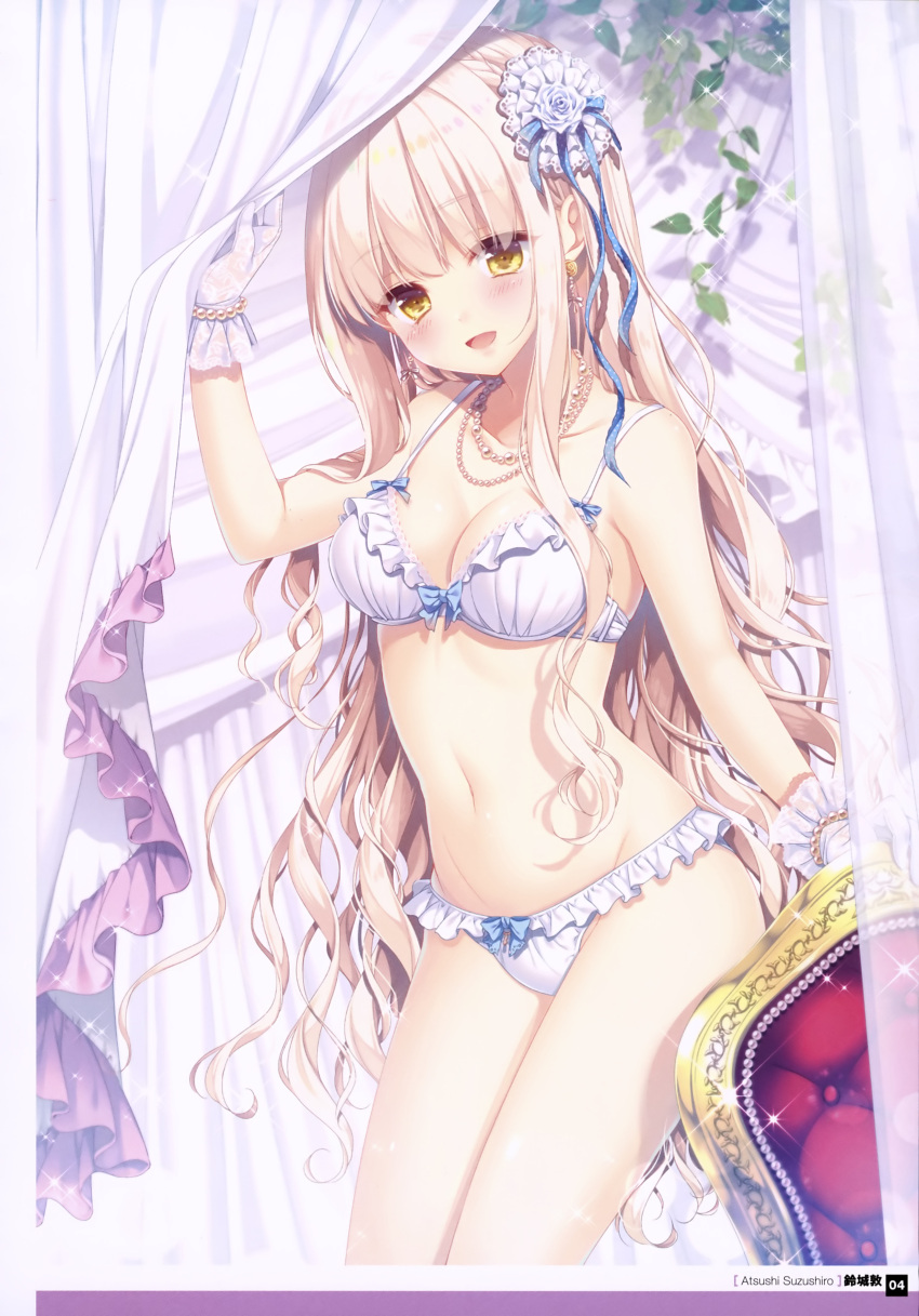 1girl :d absurdres artist_name blue_ribbon blush bow bow_bra bow_panties bra breasts cleavage collarbone eyebrows_visible_through_hair flower frilled_bra frilled_panties frills gloves groin hair_flower hair_ornament hair_ribbon head_tilt highres jewelry long_hair looking_at_viewer medium_breasts navel necklace open_mouth original page_number panties ribbon rose shiny shiny_hair sideboob silver_hair smile solo standing suzushiro_atsushi underwear very_long_hair white_bow white_flower white_gloves white_panties white_rose yellow_eyes