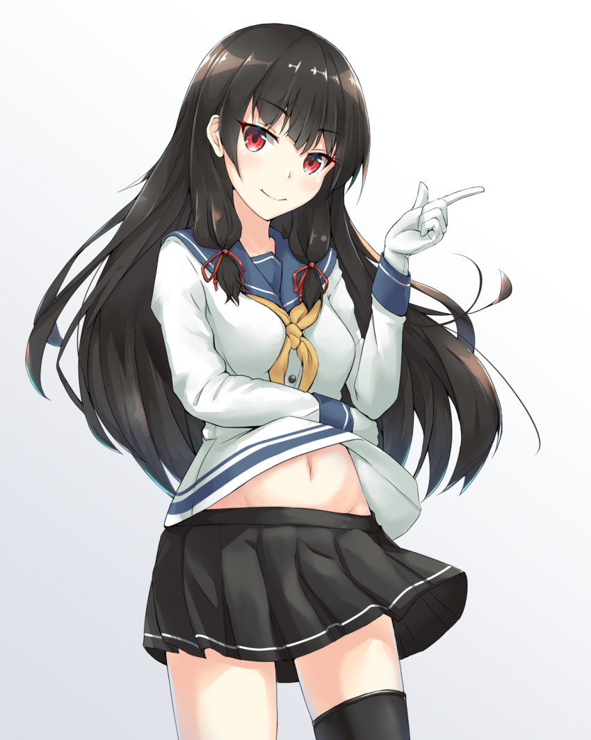 1girl bangs black_hair black_skirt blue_sailor_collar blunt_bangs blush breasts closed_mouth commentary_request cowboy_shot eyebrows_visible_through_hair gloves gradient gradient_background grey_background hair_ribbon highres index_finger_raised isokaze_(kantai_collection) kantai_collection long_hair long_sleeves medium_breasts miniskirt navel neckerchief pleated_skirt red_eyes red_ribbon ribbon sailor_collar shiny shiny_hair shirt single_thighhigh skirt smile solo thigh-highs tress_ribbon very_long_hair white_gloves white_shirt yellow_neckwear yumemi_kusamochi