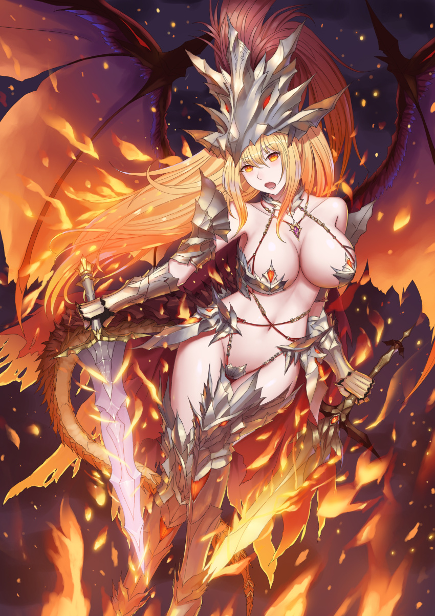 1girl :o absurdres armor bare_shoulders breasts cleavage crotch_plate dark_background dragon_tail dragon_wings dual_wielding fire flaming_sword full_body gauntlets greaves grey_legwear helmet high_ponytail highres holding holding_sword holding_weapon jewelry knight large_breasts long_hair looking_at_viewer navel necklace orange_eyes original rinmmo sword tail thighs very_long_hair weapon wings