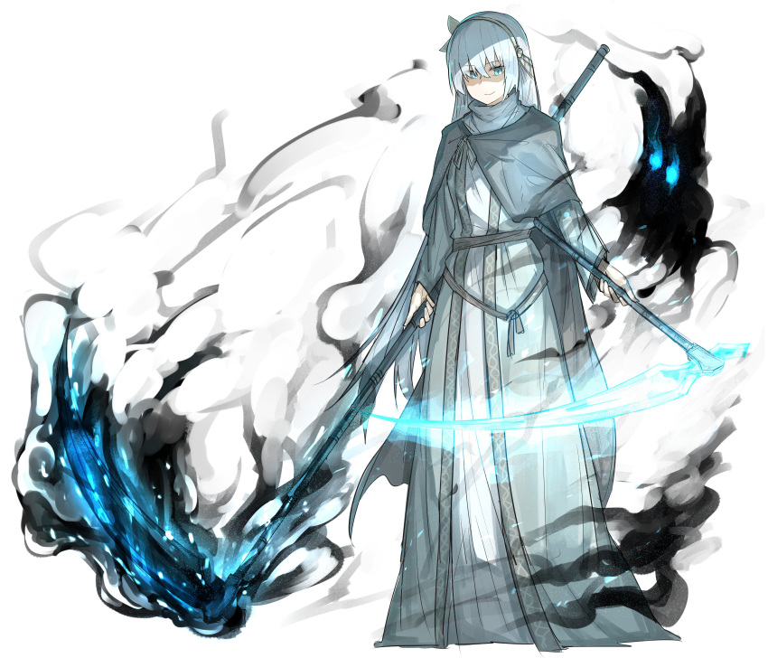 1girl absurdres anastasia_(fate/grand_order) blue_eyes cloak cosplay dark_souls_iii dress dual_wielding fate/grand_order fate_(series) glowing glowing_weapon hairband highres holding kan_(aaaaari35) long_dress long_hair power_connection scythe silver_hair sister_friede souls_(from_software) weapon