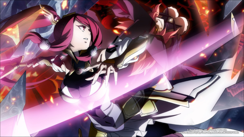 2girls battle black_sclera blazblue blazblue:_central_fiction bodysuit breasts cleavage energy_sword evil_smile hat highres impossible_bodysuit impossible_clothes izayoi_(blazblue) konoe_a_mercury large_breasts long_hair multiple_girls official_art pink_hair ponytail red_eyes redhead smile sword tagme weapon witch_hat yellow_eyes
