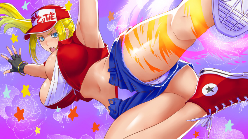 1girl armpits baseball_cap blonde_hair blue_eyes bracelet breasts cleavage commentary_request converse crop_top denim denim_shorts fatal_fury fingerless_gloves genderswap genderswap_(mtf) gloves hat highres jacket jewelry jumping kicking large_breasts legs long_hair midriff navel open_mouth panties ponytail red_footwear red_hat short_shorts shorts solo suuitchi tank_top terry_bogard the_king_of_fighters unbuttoned under_boob underwear waist white_panties