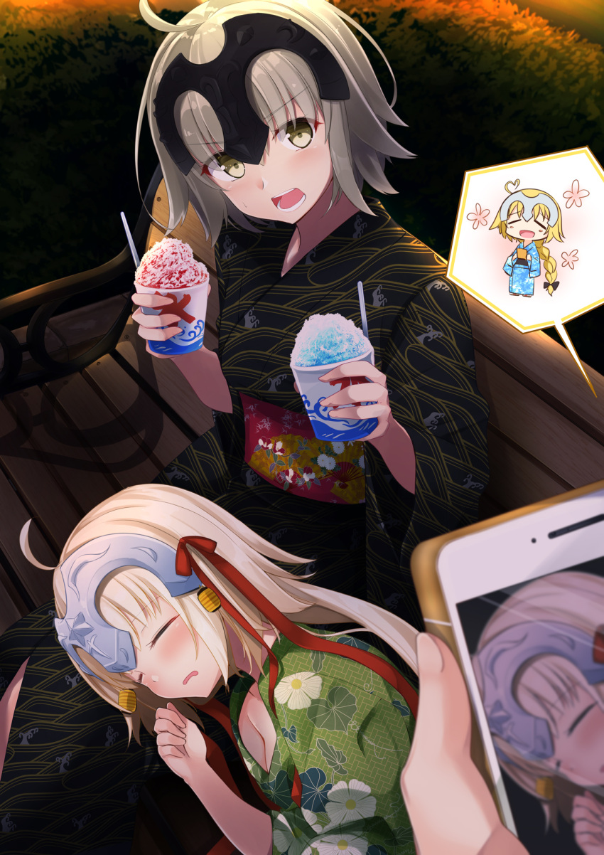 3girls :d ahoge bangs bench black_kimono blonde_hair blue_kimono blush braid breasts brown_eyes cellphone closed_eyes commentary_request eyebrows_visible_through_hair fate/grand_order fate_(series) fingernails floral_print green_kimono hair_between_eyes hair_ribbon hands_up headpiece heart_ahoge highres holding holding_cellphone holding_phone japanese_clothes jeanne_d'arc_(alter)_(fate) jeanne_d'arc_(fate) jeanne_d'arc_(fate)_(all) jeanne_d'arc_alter_santa_lily kimono lap_pillow long_hair long_sleeves lying multiple_girls obi on_bench on_side open_mouth out_of_frame outdoors park_bench parted_lips phone print_kimono red_ribbon ribbon sasahara_wakaba sash shaved_ice silver_hair single_braid sitting sitting_on_bench small_breasts smile taking_picture very_long_hair wide_sleeves