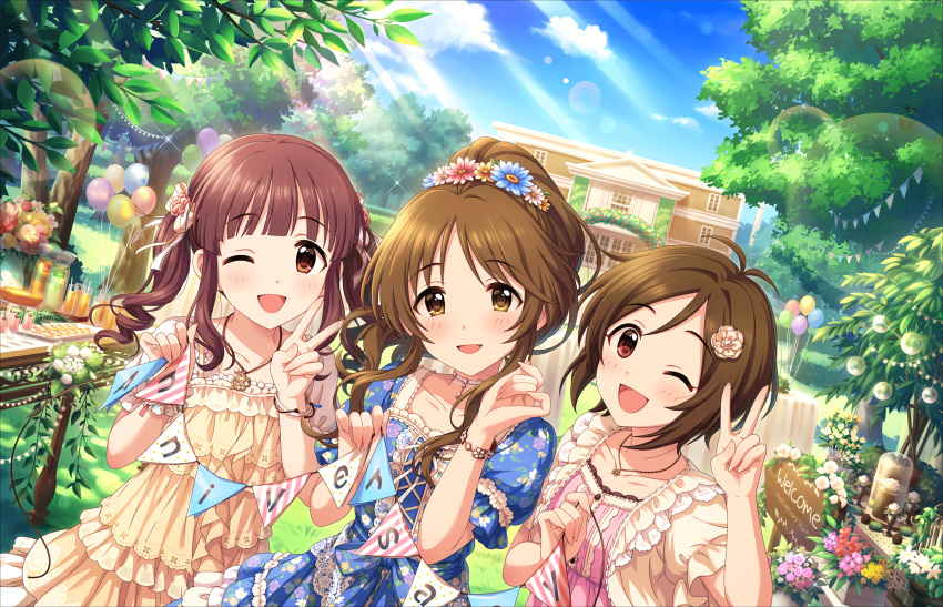 3girls artist_request balloon bangs blue_dress blue_sky blush brown_eyes brown_hair choker collarbone day doumyouji_karin dress drink eyebrows_visible_through_hair floral_print flower food frilled_dress frills grass hair_flower hair_ornament highres holding idolmaster idolmaster_cinderella_girls idolmaster_cinderella_girls_starlight_stage jewelry lace lolita_fashion long_hair looking_at_viewer messy_hair multiple_girls official_art ogata_chieri one_eye_closed open_mouth outdoors ponytail red_eyes short_hair short_sleeves sky smile sunlight takamori_aiko tree twintails v
