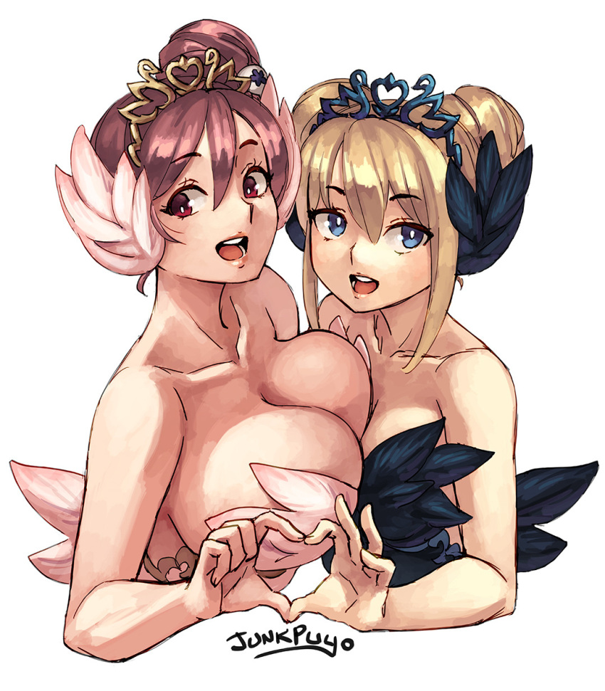 2girls artist_name bare_shoulders blonde_hair blue_eyes breasts cleavage collarbone dead_or_alive double_bun heart heart_hands heart_hands_duo highres honoka_(doa) junkpuyo large_breasts looking_at_viewer marie_rose medium_breasts multiple_girls open_mouth pink_hair red_eyes signature simple_background smile upper_body