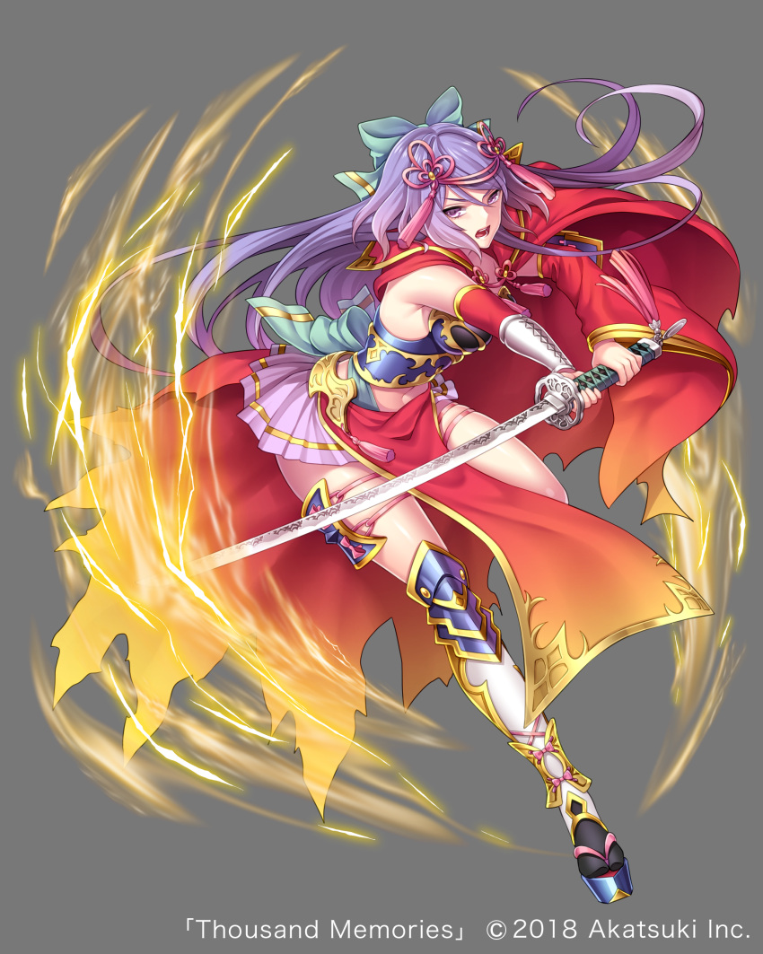 1girl absurdres blue_bow bow breasts cape copyright_name fighting_stance footwear_request full_body greaves grey_background hair_bow hair_ornament highres holding holding_sword holding_weapon katana long_hair looking_at_viewer medium_breasts navel official_art purple_hair red_cape skirt slashing solo standing standing_on_one_leg sword takamiya_ren tassel thigh-highs thigh_strap thousand_memories very_long_hair violet_eyes weapon white_legwear white_skirt