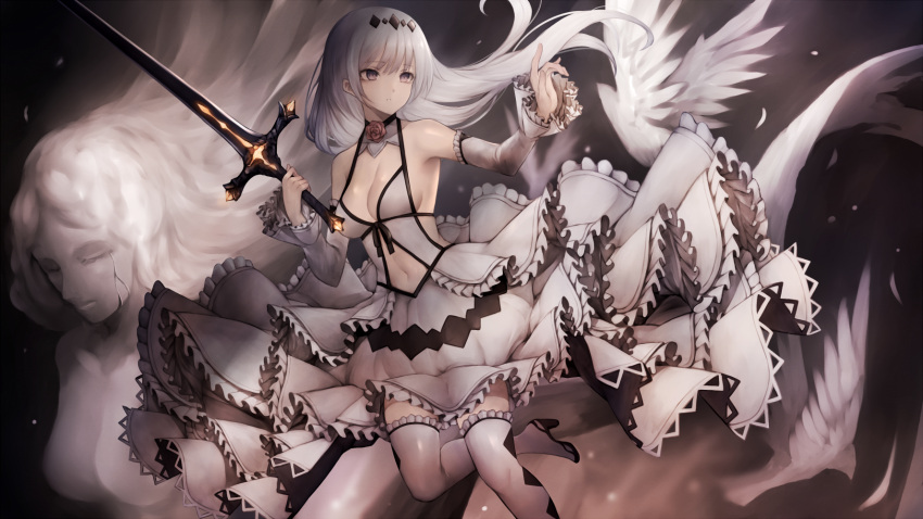 1girl breasts brown_eyes choker cleavage detached_sleeves eyebrows_visible_through_hair floating_hair frilled_legwear frilled_skirt frills hair_ornament highres holding holding_sword holding_weapon inaba_sunimi layered_skirt leg_up long_hair long_skirt medium_breasts midriff navel original parted_lips silver_hair skirt solo standing standing_on_one_leg stomach sword thigh-highs very_long_hair weapon white_legwear