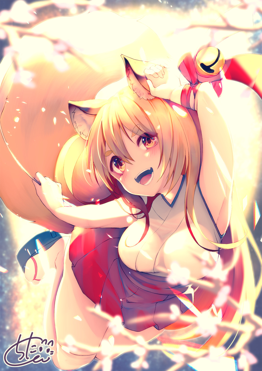 1girl :d animal_ears arm_up armpits bangs bell black_footwear blurry blurry_foreground blush breasts chita_(ketchup) commentary depth_of_field eyebrows_visible_through_hair flower fox_ears fox_girl fox_tail highres holding japanese_clothes jingle_bell kimono large_breasts light_brown_hair long_hair midair open_mouth original outstretched_arm pleated_skirt red_eyes red_ribbon red_skirt ribbon short_kimono signature skirt sleeveless sleeveless_kimono smile solo tail tail_raised thick_eyebrows thigh-highs tree_branch very_long_hair white_flower white_kimono white_legwear wrist_ribbon zouri