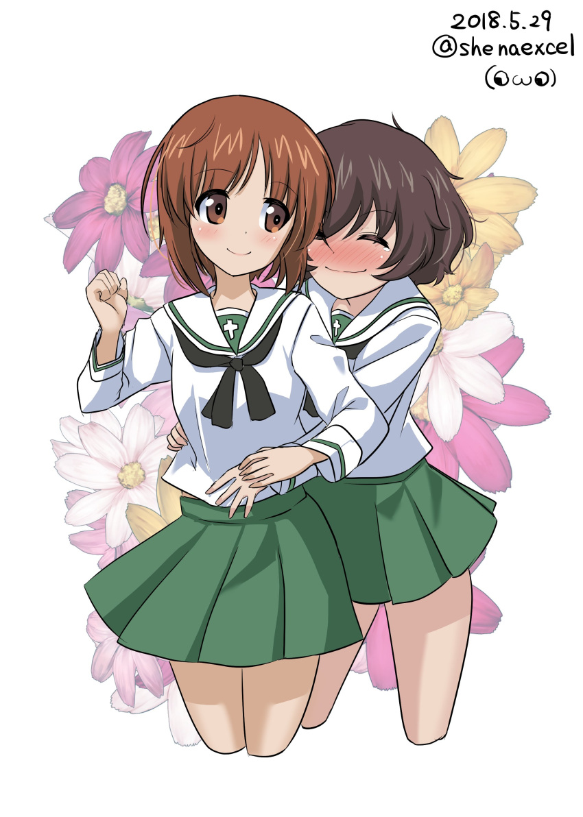 2girls absurdres akiyama_yukari bangs black_neckwear blouse blush brown_eyes brown_hair clenched_hand closed_mouth commentary_request cropped_legs dated excel_(shena) eyebrows_visible_through_hair floral_background girls_und_panzer green_skirt highres hug hug_from_behind long_sleeves looking_at_another looking_back messy_hair miniskirt multiple_girls neckerchief nishizumi_miho ooarai_school_uniform pleated_skirt school_uniform serafuku short_hair skirt smile standing tearing_up twitter_username watermark white_background white_blouse