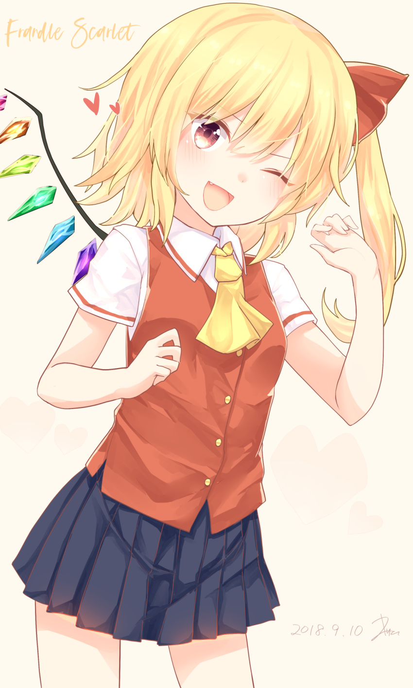 1girl ;d ascot bangs beige_background blonde_hair blue_skirt character_name collared_shirt crystal dated eyebrows eyebrows_visible_through_hair fang flandre_scarlet hair_between_eyes hair_ribbon head_tilt heart highres kisamu_(ksmz) looking_at_viewer one_eye_closed open_mouth pleated_skirt red_eyes red_ribbon red_vest ribbon shirt short_sleeves side_ponytail signature simple_background skirt smile text_focus touhou vest white_shirt wings