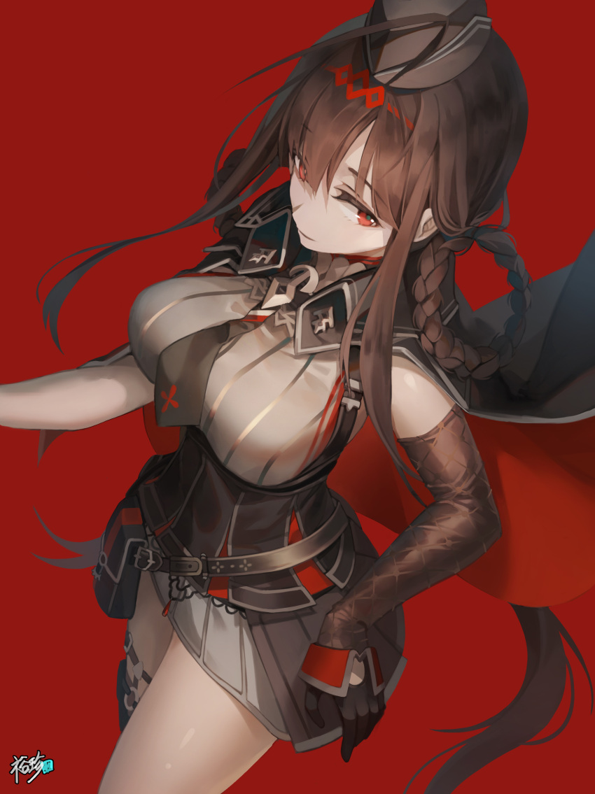 1girl ahoge bangs belt blunt_bangs blush braid breasts brown_gloves brown_hair brown_legwear cape closed_mouth corset cross dsr-50_(girls_frontline) elbow_gloves eyebrows_visible_through_hair framed_breasts garrison_cap girls_frontline gloves hair_ornament hairclip half_gloves hand_on_hip hat high_collar highres kyjsogom large_breasts long_hair looking_at_viewer miniskirt necktie pleated_skirt pouch red_background red_eyes shirt sidelocks signature simple_background single_elbow_glove single_thighhigh skindentation skirt sleeveless sleeveless_shirt smile solo thigh-highs thigh_pouch thigh_strap thighs