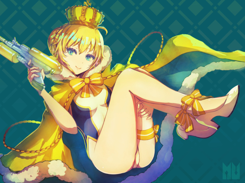 1girl artoria_pendragon_(all) artoria_pendragon_(swimsuit_archer) ass bangs blonde_hair blue_cloak blue_eyes blush bow breasts cloak closed_mouth commentary_request crown eyebrows_visible_through_hair fate/grand_order fate_(series) fingernails full_body fur-trimmed_cloak fur-trimmed_hood fur_trim hair_between_eyes hand_up head_tilt high_heels holding hood hood_down hood_up looking_at_viewer medium_breasts mini_crown minyom one-piece_swimsuit shoes smile solo striped striped_bow swimsuit water_gun white_footwear white_swimsuit yellow_bow yellow_cloak
