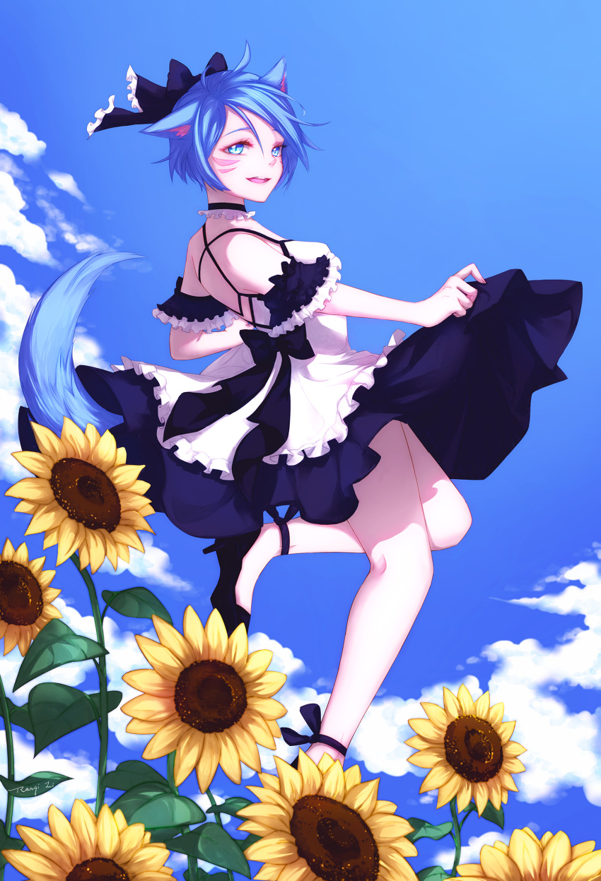 1girl animal_ears blue_eyes blue_hair blue_sky bow cat_ears cat_tail choker commission day dress dress_lift facial_mark final_fantasy final_fantasy_xiv flower frilled_dress frills hair_bow high_heels highres lifted_by_self looking_at_viewer miqo'te open_mouth outdoors profile rain_(ranqili) short_hair sky slit_pupils solo sunflower tail whisker_markings