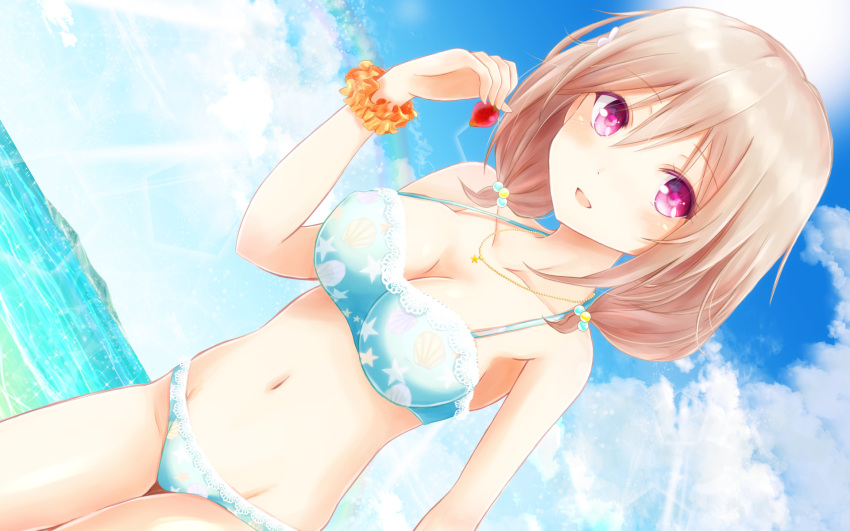1girl arm_up bare_shoulders bikini blue_bikini blue_sky breasts brown_hair bunny_hair_ornament cleavage clouds cloudy_sky commentary_request day dutch_angle eyebrows eyebrows_visible_through_hair food fruit girlfriend_(kari) groin hair_ornament hair_scrunchie hairpin highres holding holding_fruit jewelry kazemachi_haruka light_rays looking_at_viewer masa_(mirage77) medium_breasts navel necklace ocean open_mouth orange_scrunchie print_bikini rainbow scrunchie sky smile solo standing strawberry summer sunbeam sunlight swimsuit thighs violet_eyes wallpaper water waves
