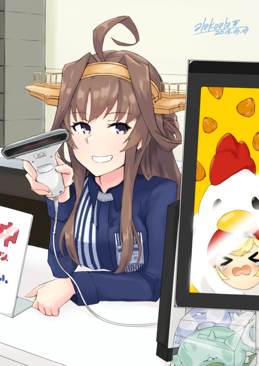 1girl ahoge alakoala_shoushou alternate_costume barcode_scanner brown_hair counter double_bun employee_uniform enemy_lifebuoy_(kantai_collection) gambier_bay_(kantai_collection) hairband headgear highres kantai_collection kongou_(kantai_collection) lawson long_hair solo uniform upper_body