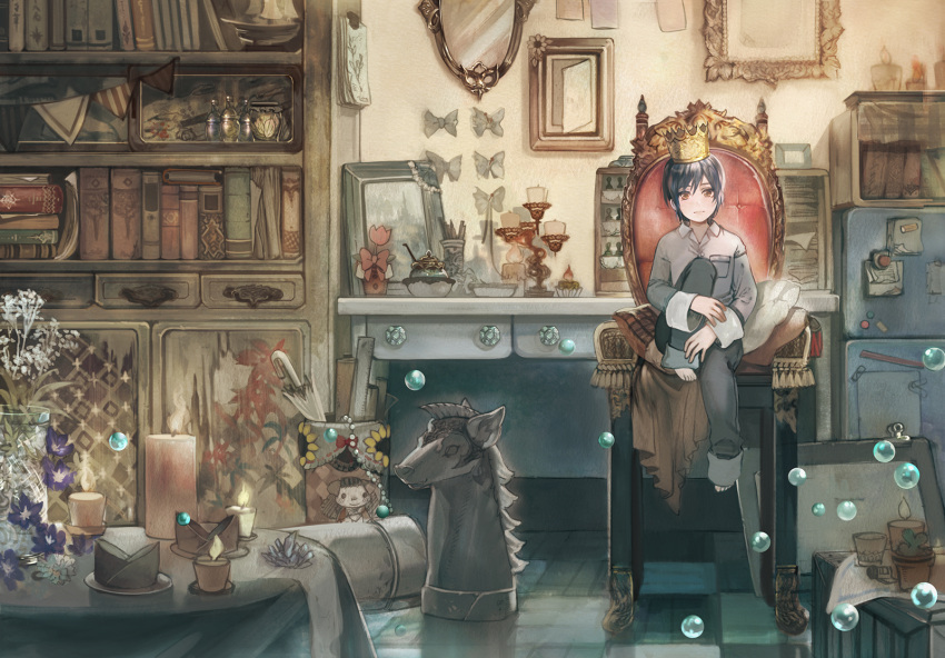 1boy black_hair book bookshelf brown_eyes bubble candle chair chess_piece closed_umbrella crown denim flower highres jeans knight_(chess) mirror original pants scenery short_hair sitting solo table taku_(fishdrive) umbrella vase