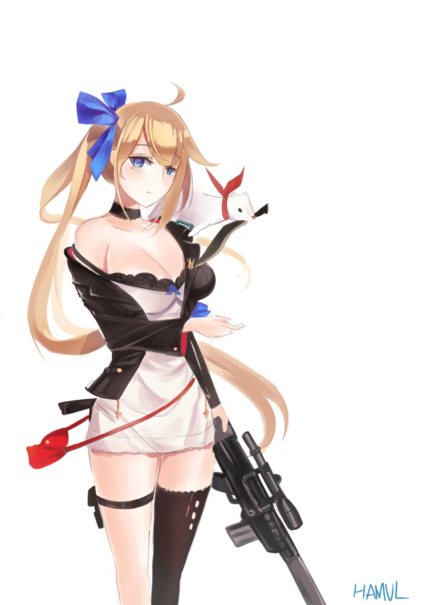 1girl absurdres ahoge animal assault_rifle bag battle_rifle black_choker black_jacket blue_eyes blue_ribbon breasts brown_hair choker cleavage closed_mouth collarbone dress eyebrows_visible_through_hair fal_(girls_frontline) feet_out_of_frame ferret fn_fal girls_frontline gun hair_ribbon hamul handbag highres holding holding_gun holding_weapon jacket large_breasts legs ribbon rifle shiny shiny_hair solo standing thigh-highs thigh_strap thighs weapon