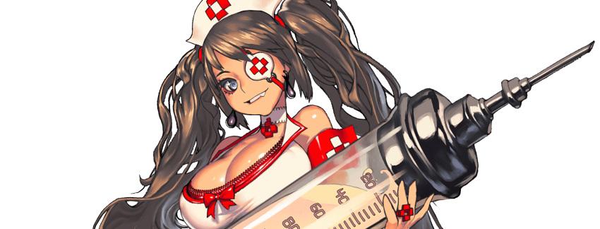 1girl armband breasts brown_hair choker cleavage demeter_(destiny_child) destiny_child earrings eyepatch fang grey_eyes grin hat highres holding holding_syringe jewelry large_breasts long_hair nurse_cap oversized_object plus_sign ring smile solo syringe transparent_background twintails upper_body very_long_hair white_choker white_hat