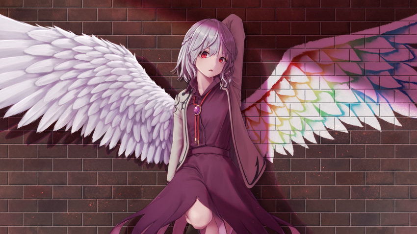1girl arm_behind_head arm_up bangs braid brick_wall commentary cowboy_shot dress dtvisu eyebrows_visible_through_hair eyes_visible_through_hair feathered_wings french_braid graffiti grey_jacket hair_between_eyes head_tilt highres jacket kishin_sagume leg_up light_particles long_sleeves looking_at_viewer open_clothes open_jacket purple_dress red_eyes shadow short_hair silver_hair single_wing solo standing standing_on_one_leg touhou white_wings wing_collar wings