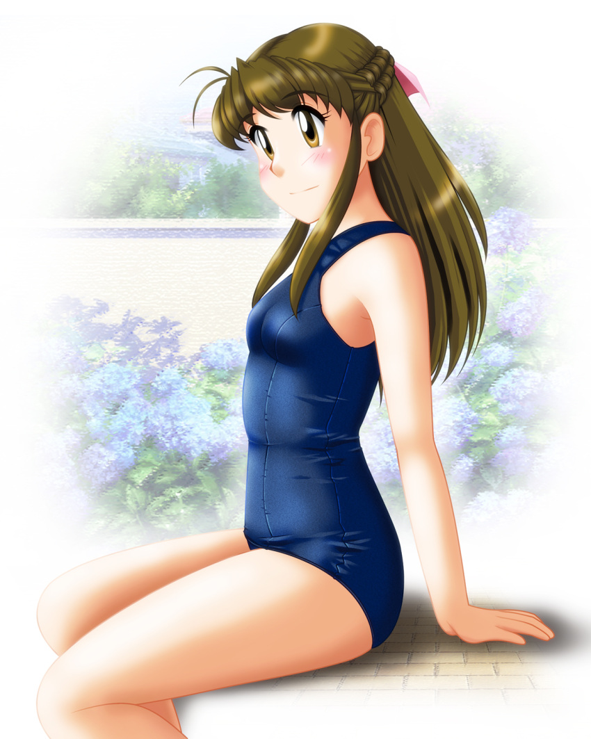 1girl blue_swimsuit blush braid breasts brown_eyes brown_hair crown_braid day feet_out_of_frame highres katsuragi_ayane long_hair neopure outdoors school_swimsuit sidelocks sitting small_breasts smile solo swimsuit true_love_story