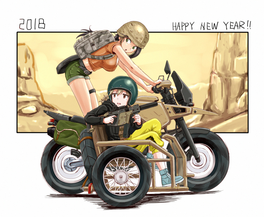 2018 2girls anbj backpack bag bare_arms black_hair black_jacket breasts brown_eyes camouflage_print chin_strap commentary crop_top crossover driving frying_pan green_eyes ground_vehicle gun happy_new_year helmet holding holding_weapon idolmaster idolmaster_cinderella_girls jacket kriss_vector large_breasts leg_strap light_brown_hair long_sleeves looking_back looking_to_the_side midriff morikubo_nono motor_vehicle motorcycle motorcycle_helmet multiple_girls new_year pants playerunknown's_battlegrounds ponytail shirt shoes short_shorts short_sleeves shorts sidecar sitting spare_tire submachine_gun t-shirt weapon weapon_request yamato_aki yellow_pants