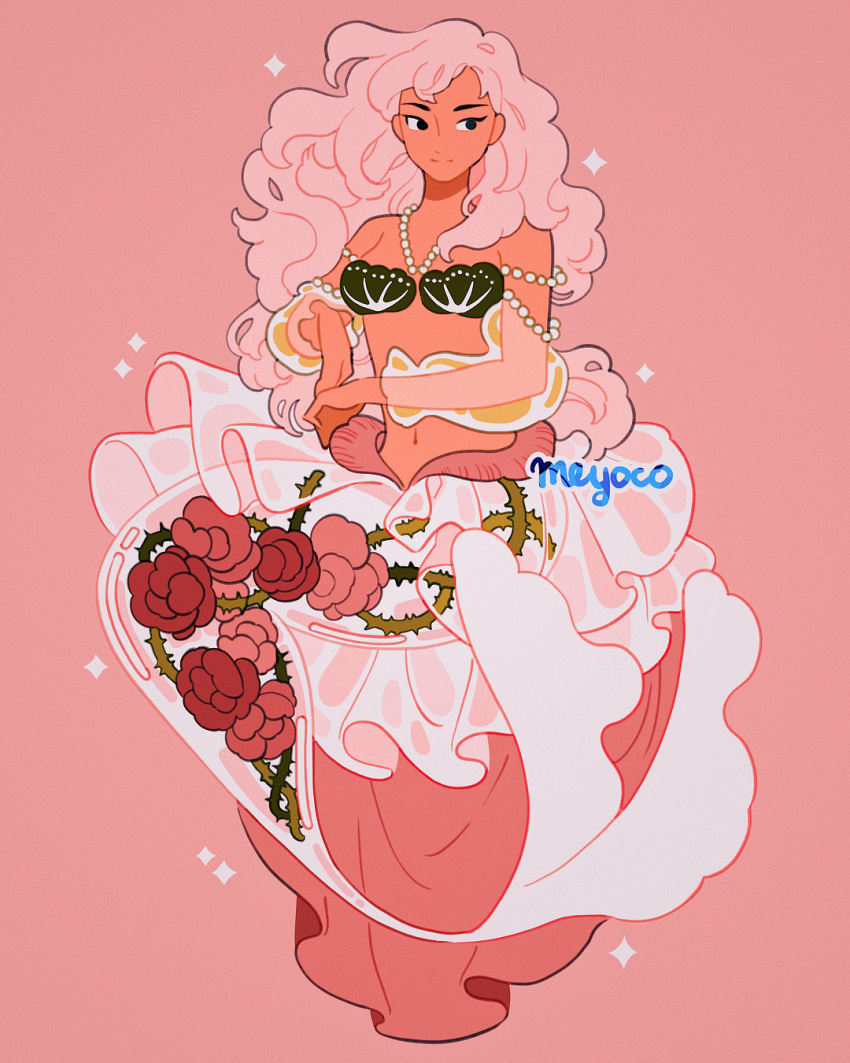 1girl artist_name bangs beads black_eyes dress fins flower highres jewelry long_hair mermaid meyoco monster_girl navel necklace off_shoulder original pink_background pink_hair pink_skin rose see-through simple_background smile solo sparkle thorns wavy_hair